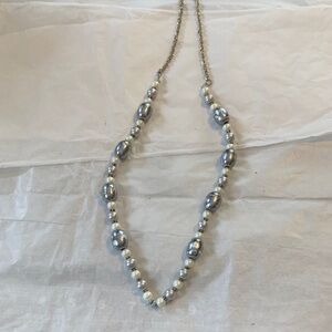 Handcrafted Costume Jewelry; Elegant Silver and White Pearl 30”  Necklace